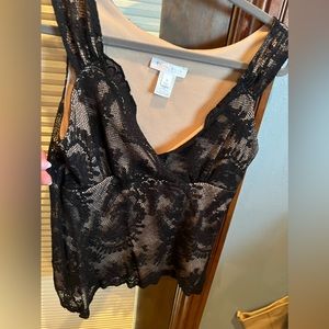 Adorable White House Black Market black lace top over nude attached tank.